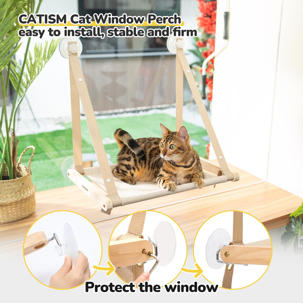 CATISM percha-ventana-gato-armazon-madera estructura robusta para gatos activos.
