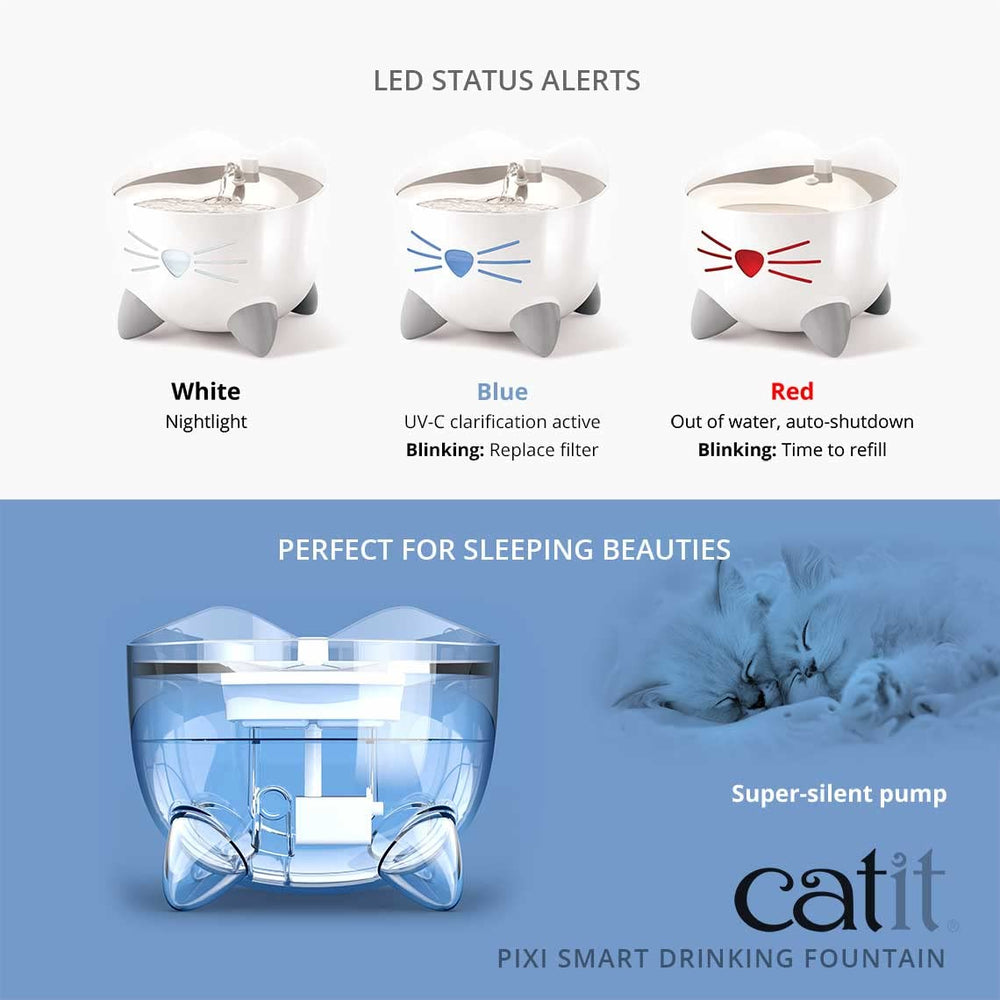 Modos de agua en Catit PIXI: flujo calmado y flujo variado para diferentes gustos.