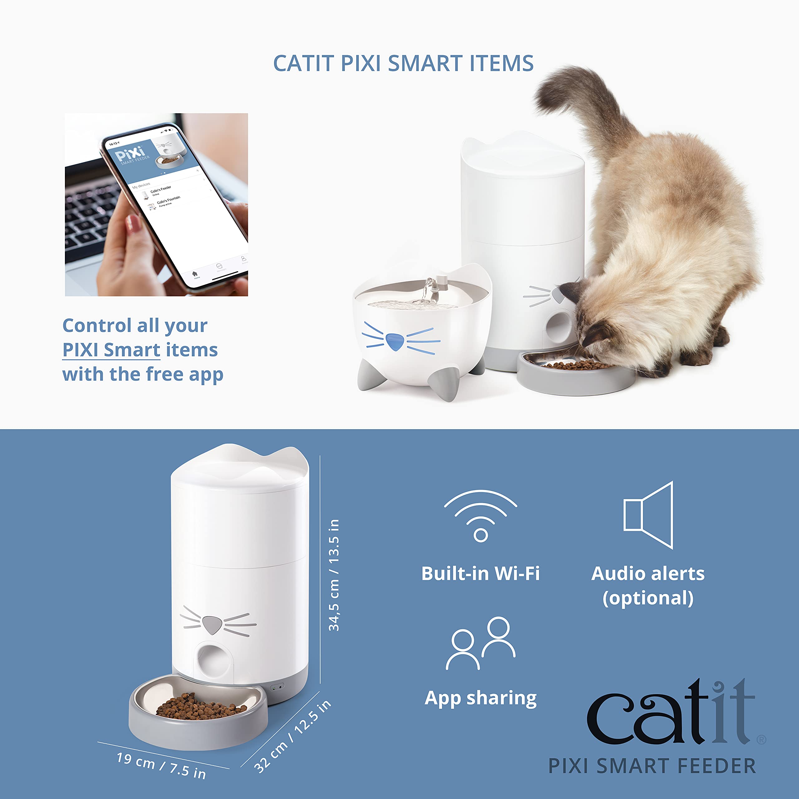 Catit PIXI Smart Feeder incluye desecante y tapa hermética para frescura de la comida.