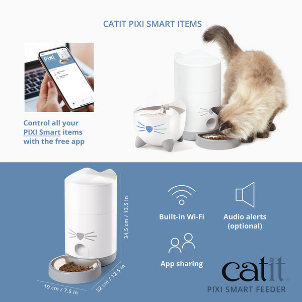 Catit PIXI Smart Feeder incluye desecante y tapa hermética para frescura de la comida.