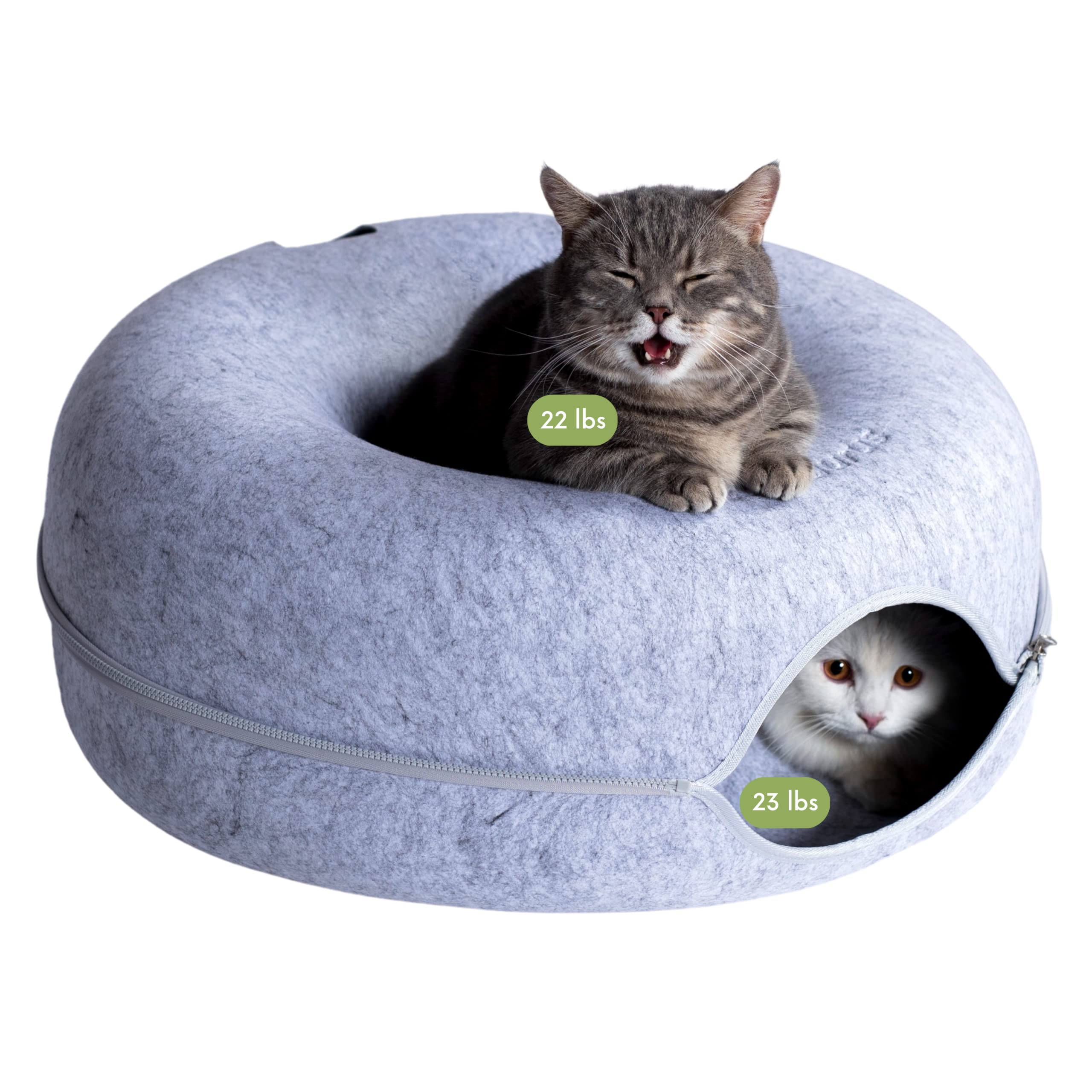 Cattasaurus Peekaboo: vista general de la cueva-dona gris claro para gatos grandes.