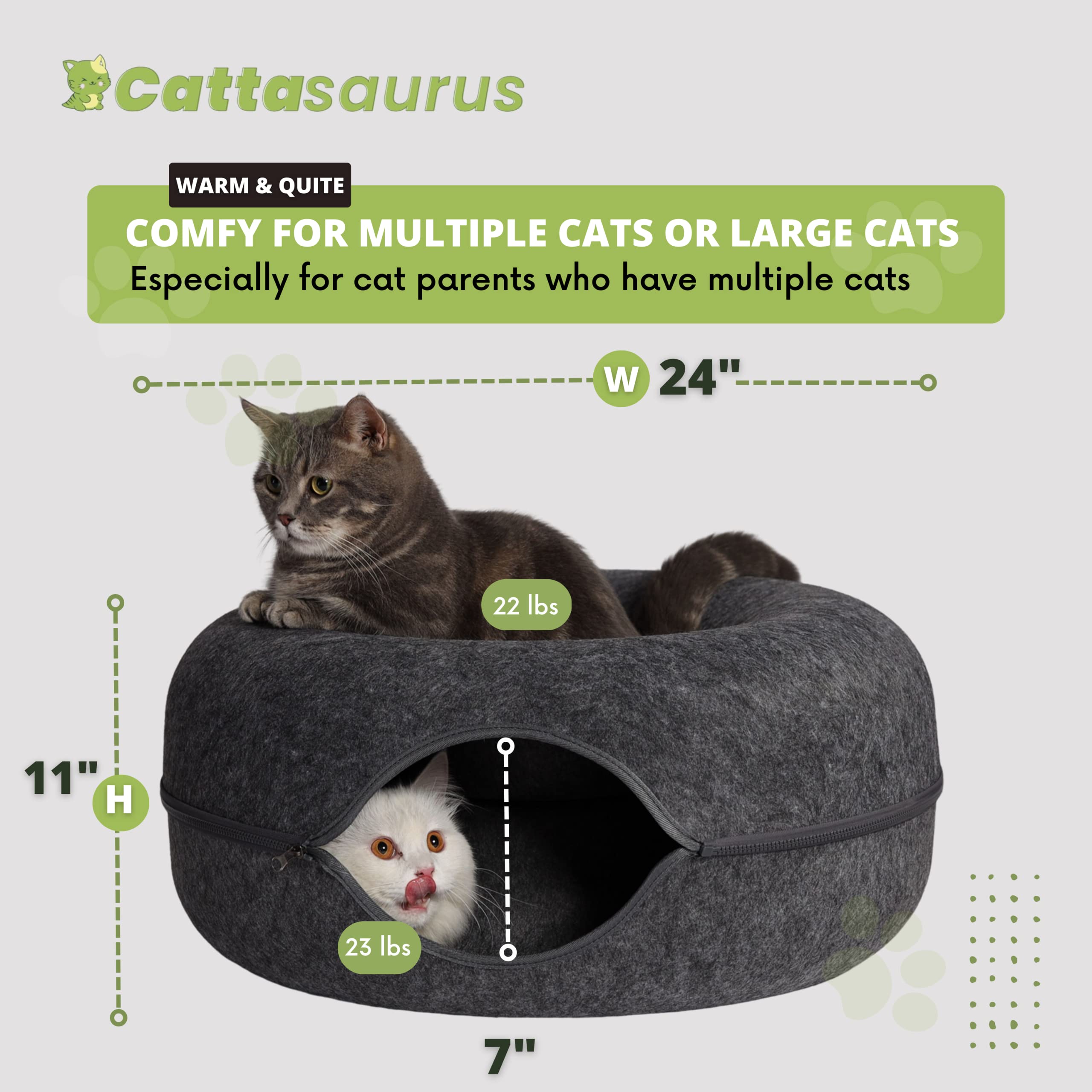 Cattasaurus Peekaboo: doble función cama dona superior y túnel inferior para juego y descanso.