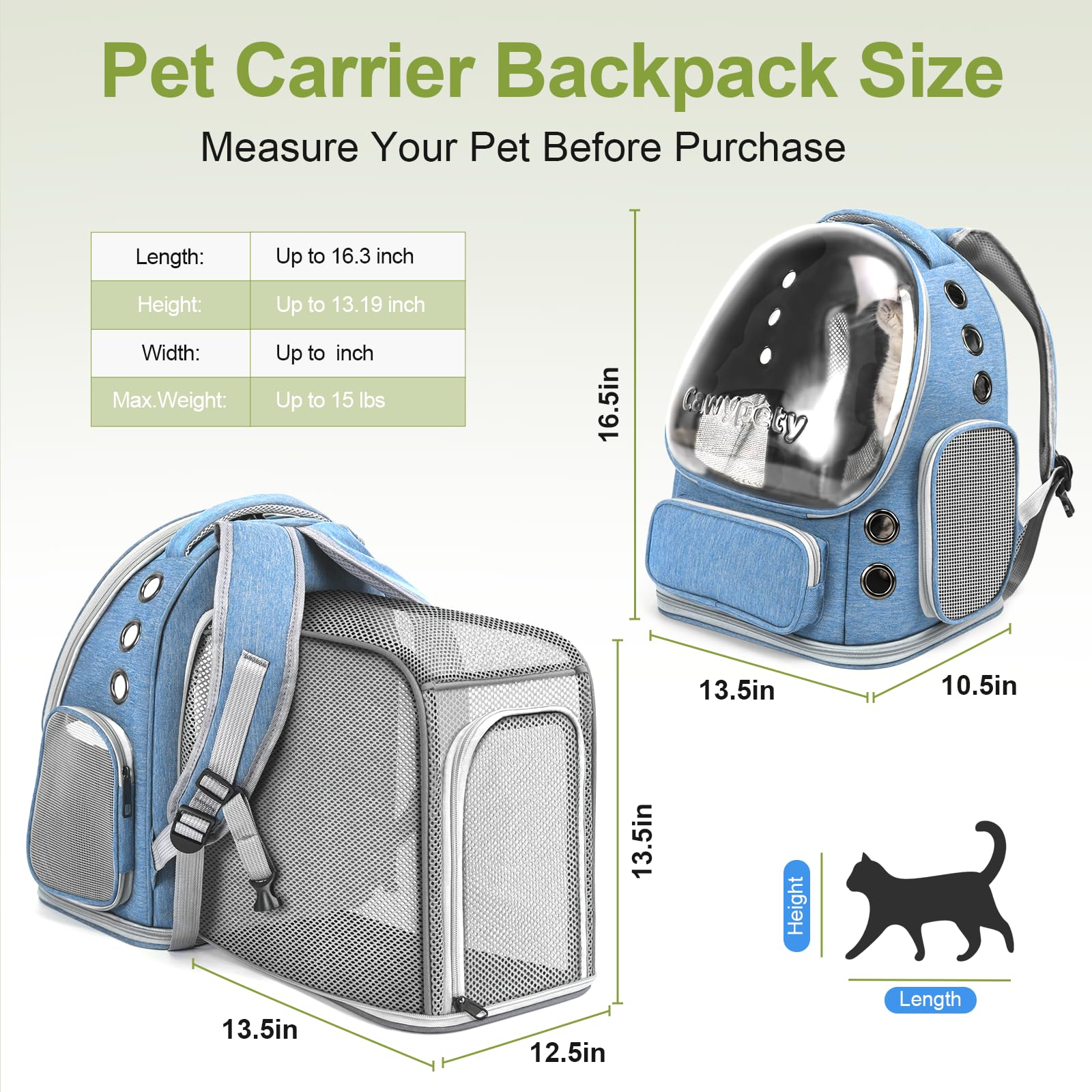 Vista lateral de la mochila para gatos con bolsillos y ventilación.
