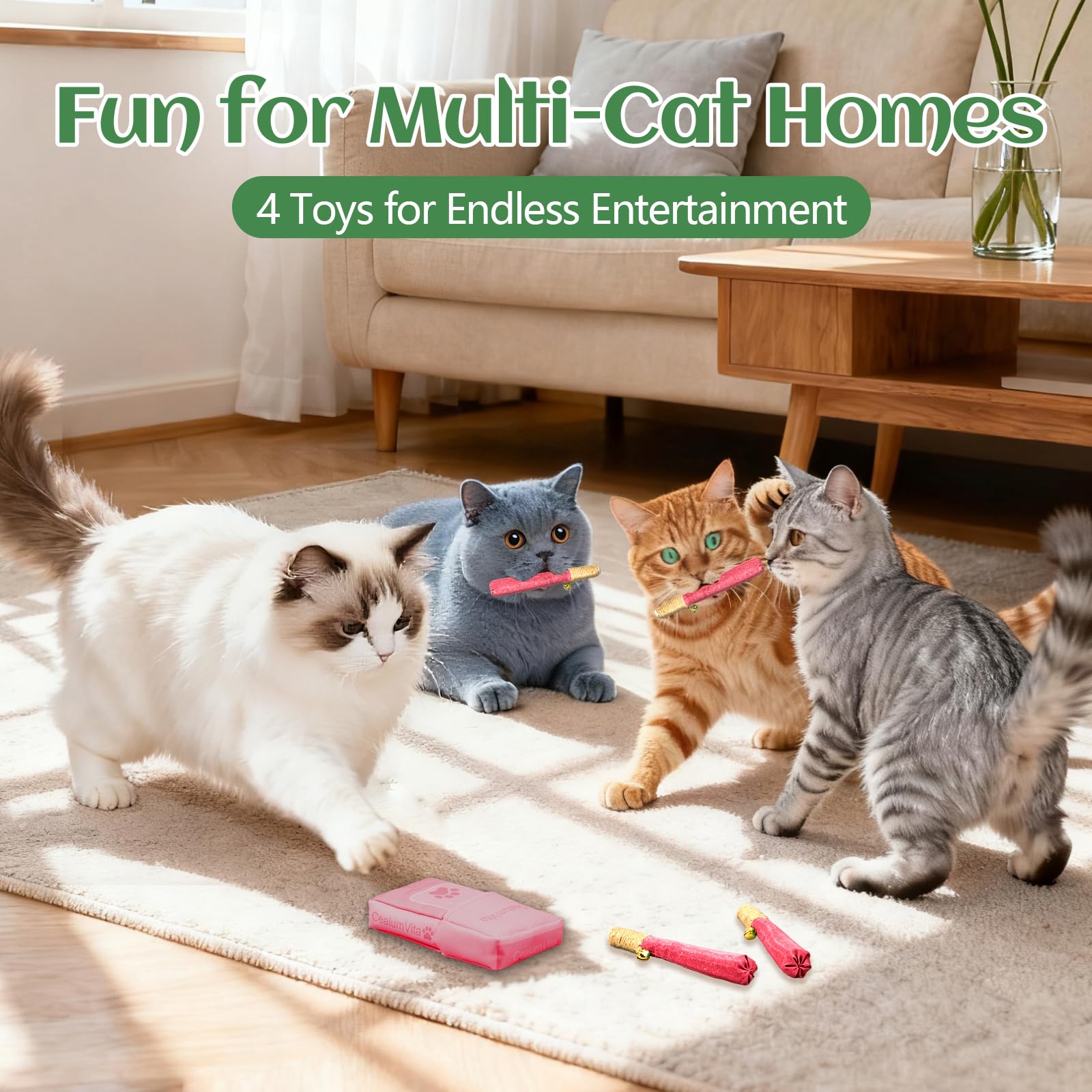 CealumVita conjunto de 4 palitos con hierba gatera para multi-gatos y rotación de juguetes.
