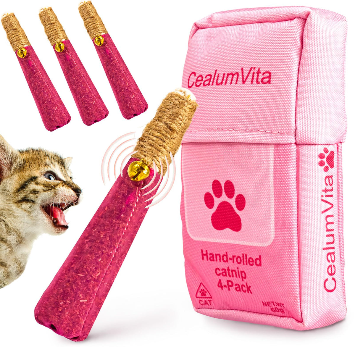 CealumVita palitos gatunos enrollados a mano con hierba gatera, ideal para juego suave y estimulación sensorial.