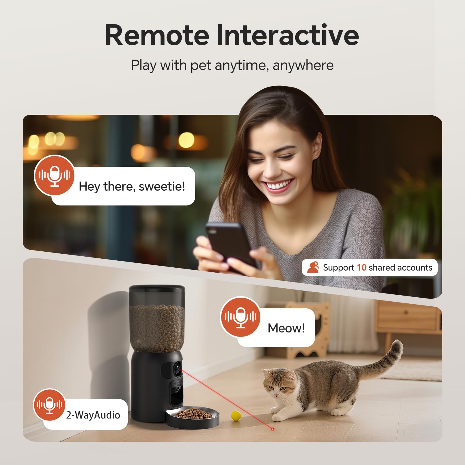 Centvicam control desde app para despachar comida programada y ver en vivo.