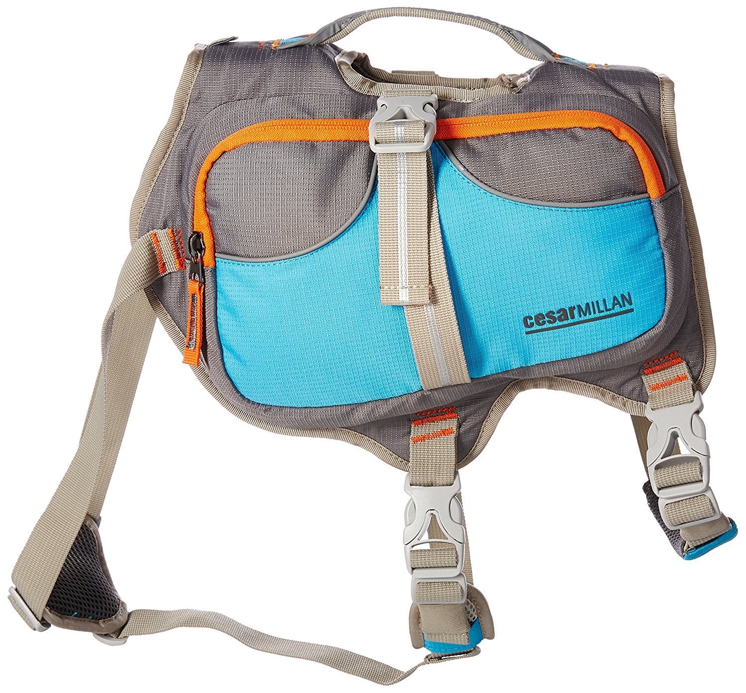 Mochila Cesar Millan para perro pequeña, bolsillos para botella de agua y accesorios.