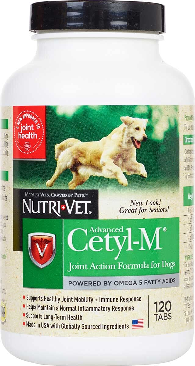 Cetyl M tabletas para articulación de perros, botella de 120, apoyo potencial a la movilidad.