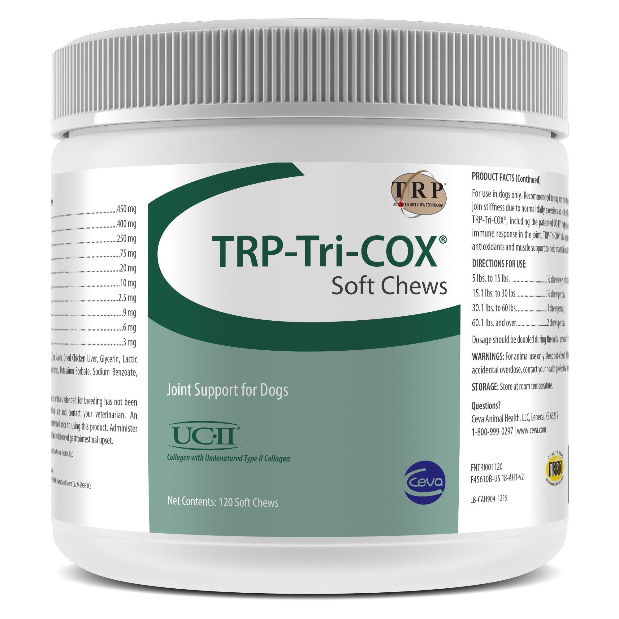 Presentación de Ceva TRP Tri-COX masticables suaves para articulaciones caninas.
