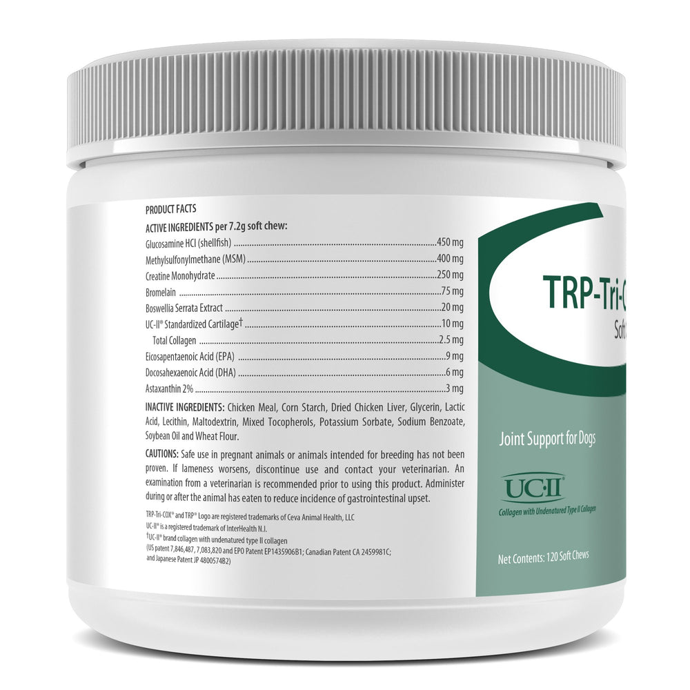 Textura suave con sabor a hígado, Ceva TRP Tri-COX masticables para perros.