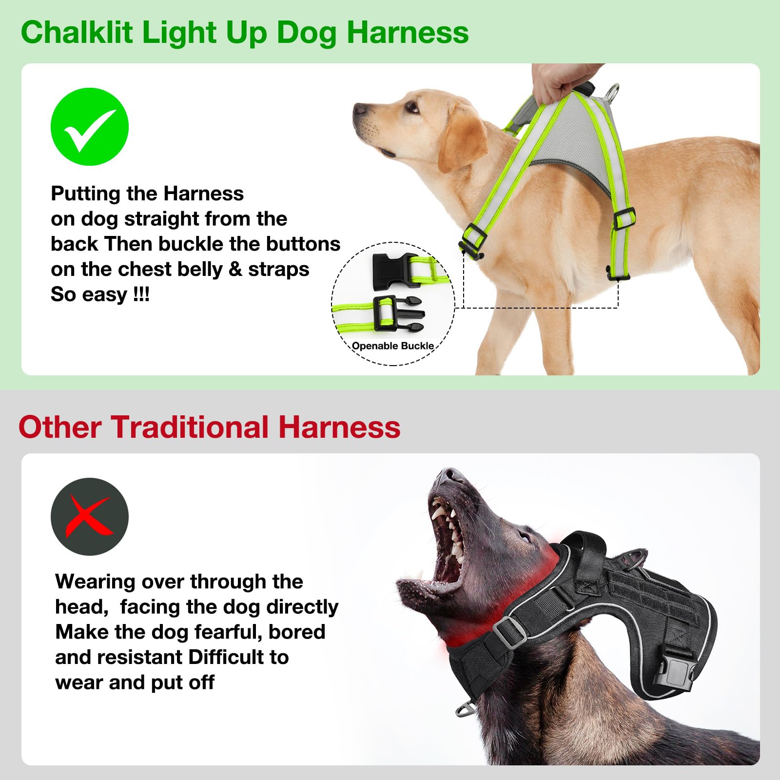 ChalkLit arnés perro led con carga USB, batería de larga duración para salidas prolongadas.