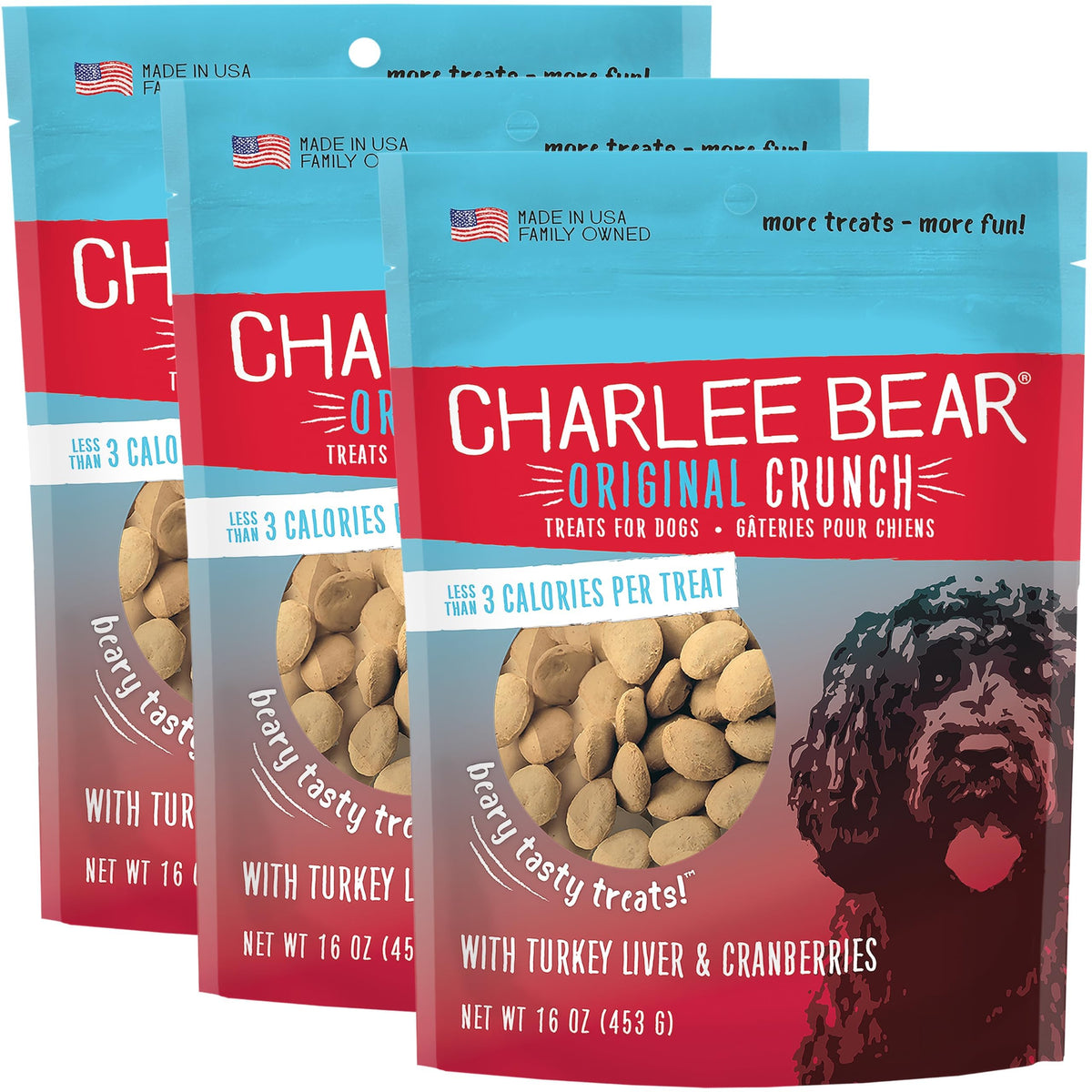 Charlee Bear Original Crunch: hígado de pavo y arándanos, recompensa sabrosa para perros activos.