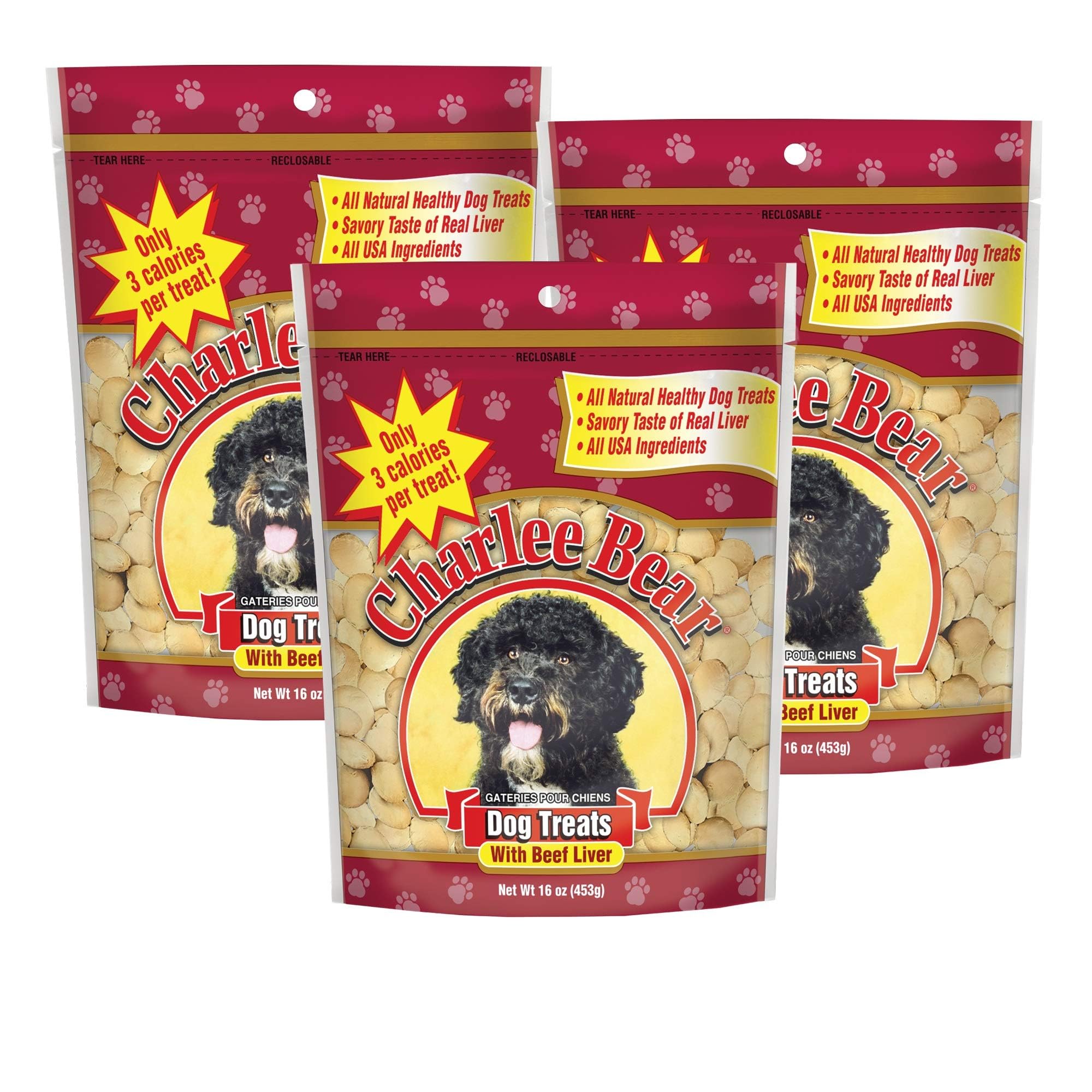 Charlee Bear Original Crunch Higado de Res, bolsa de tres, ideal para entrenamiento