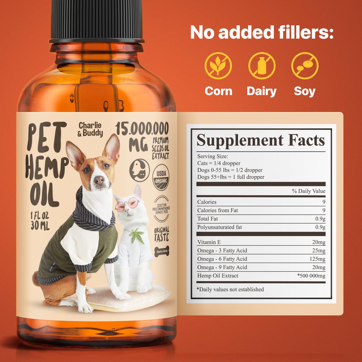 CHARLIE & BUDDY Etiqueta informativa con ingredientes naturales de calidad.