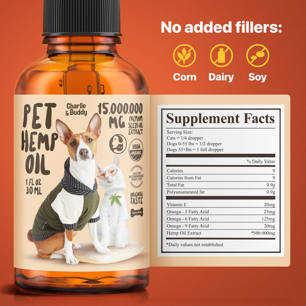 CHARLIE & BUDDY Etiqueta informativa con ingredientes naturales de calidad.