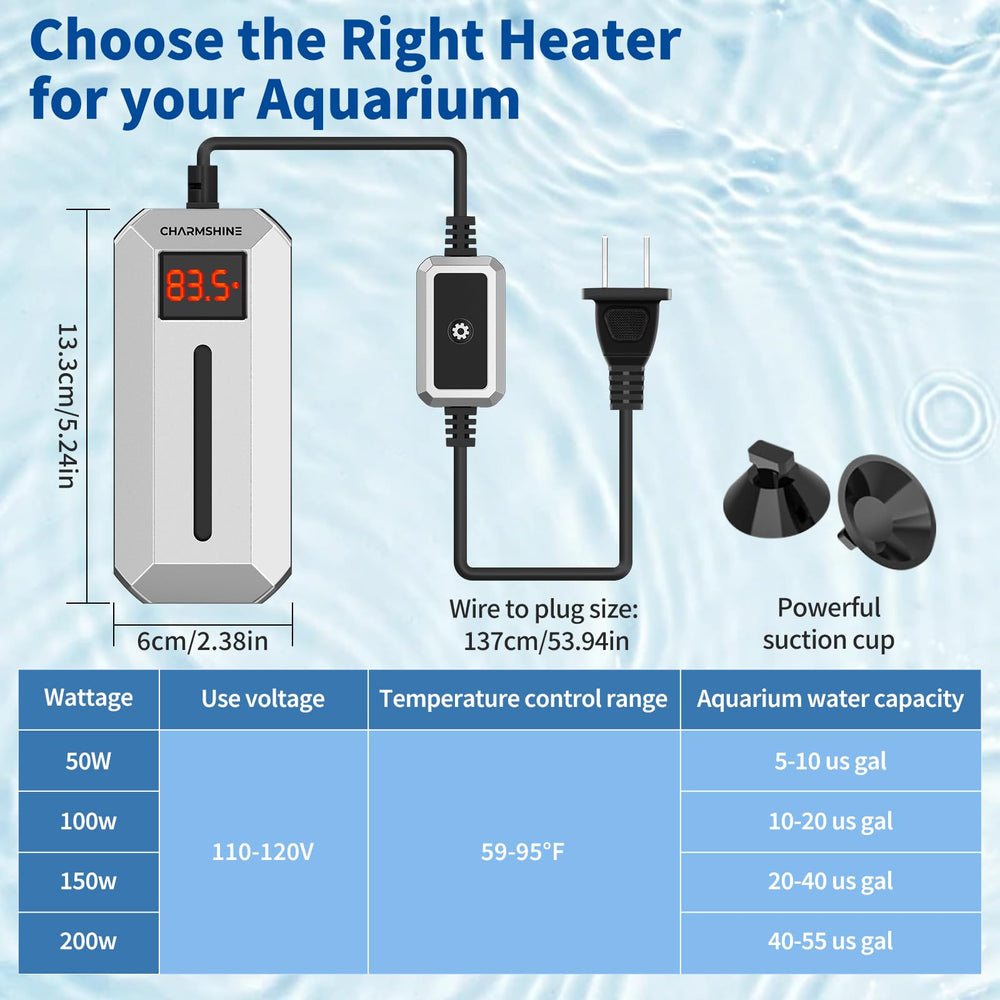 Charmshine calentador 200W ajuste temperatura digital para estabilidad del acuario.