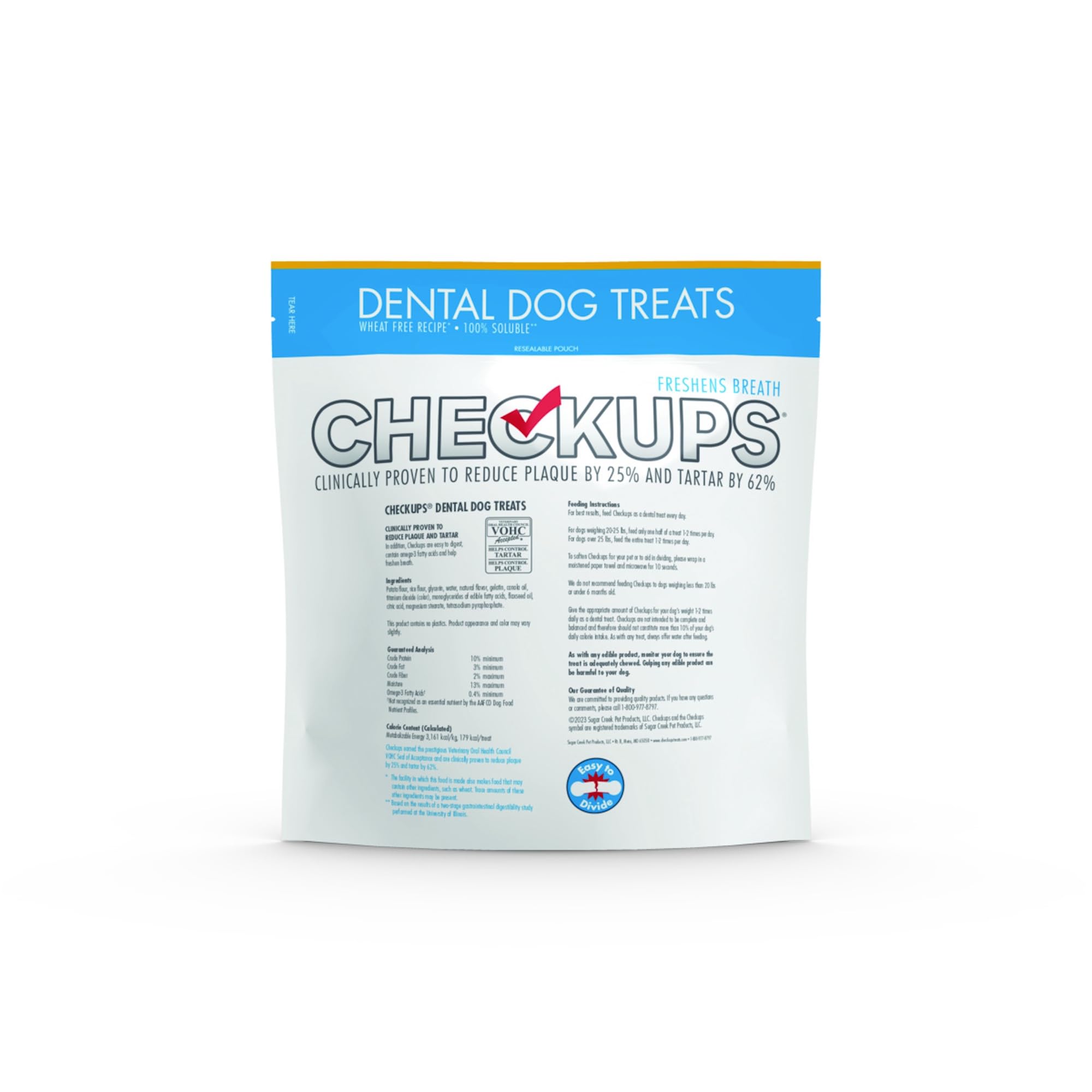 Checkups Dental Dog Treats muestra su forma y textura únicas para limpieza suave.