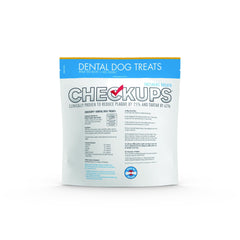 Checkups Dental Dog Treats muestra su forma y textura únicas para limpieza suave.