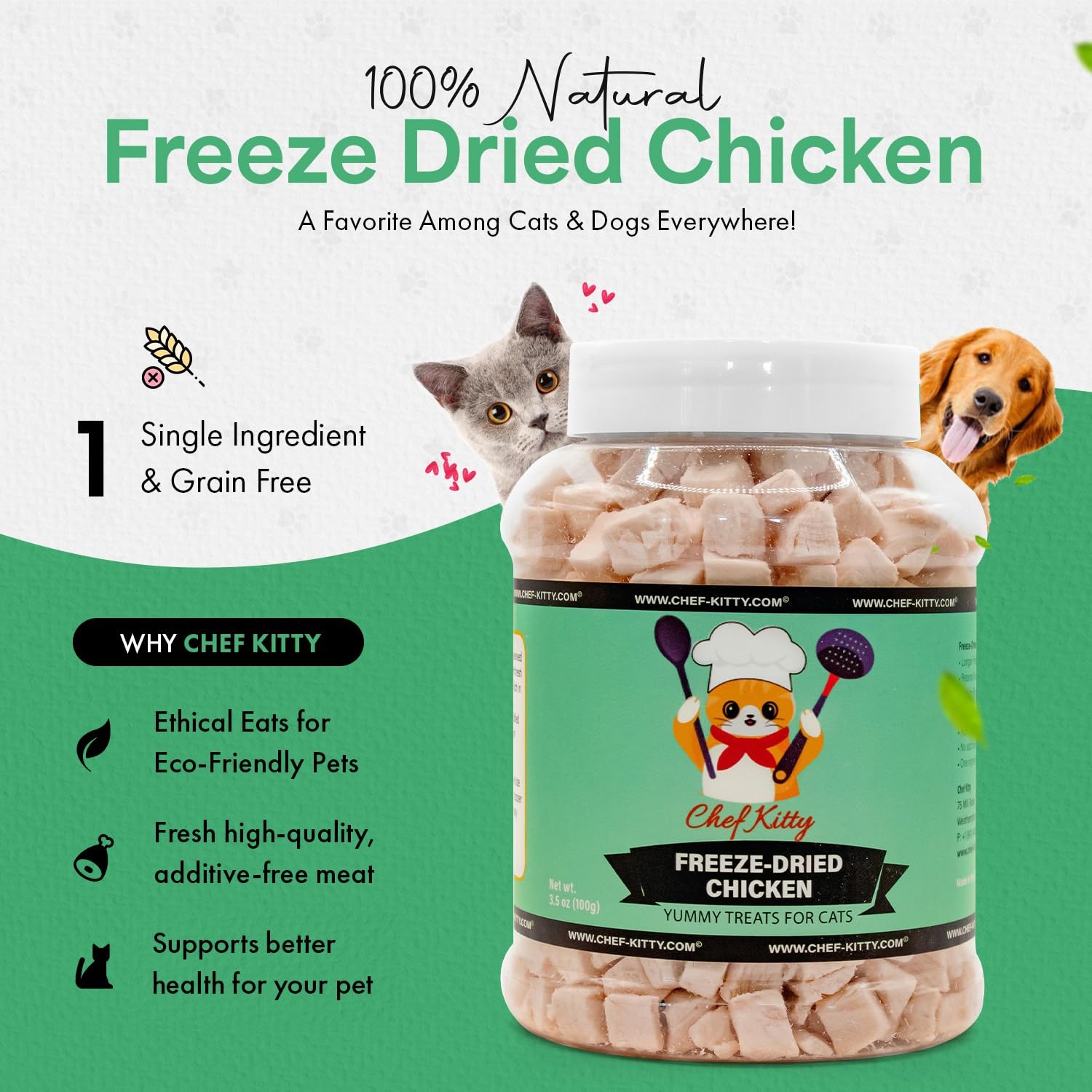 Chef Kitty pollo deshidratado ingrediente único, snack natural para perros y gatos