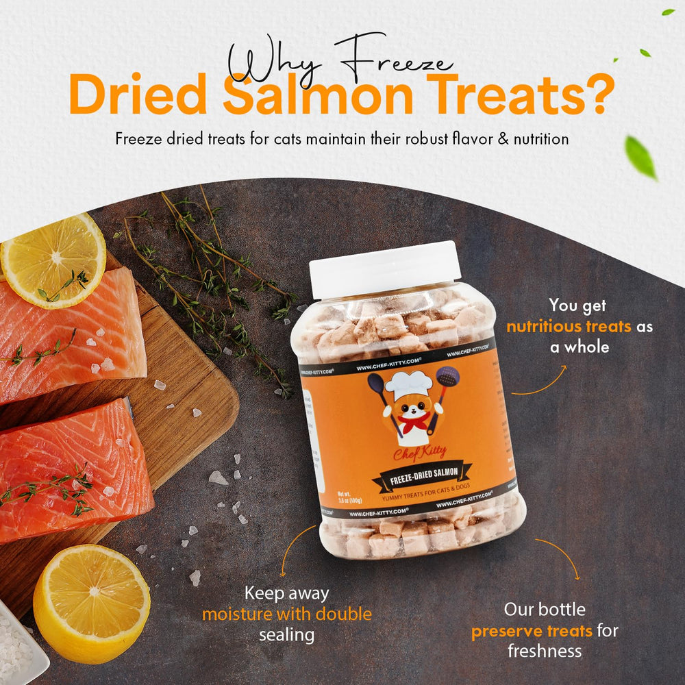 Mascotas de todas las edades disfrutan Chef Kitty salmón liofilizado
