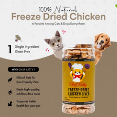 Chef Kitty textura crujiente de hígado de pollo liofilizado, sabor natural para gatos y perros.