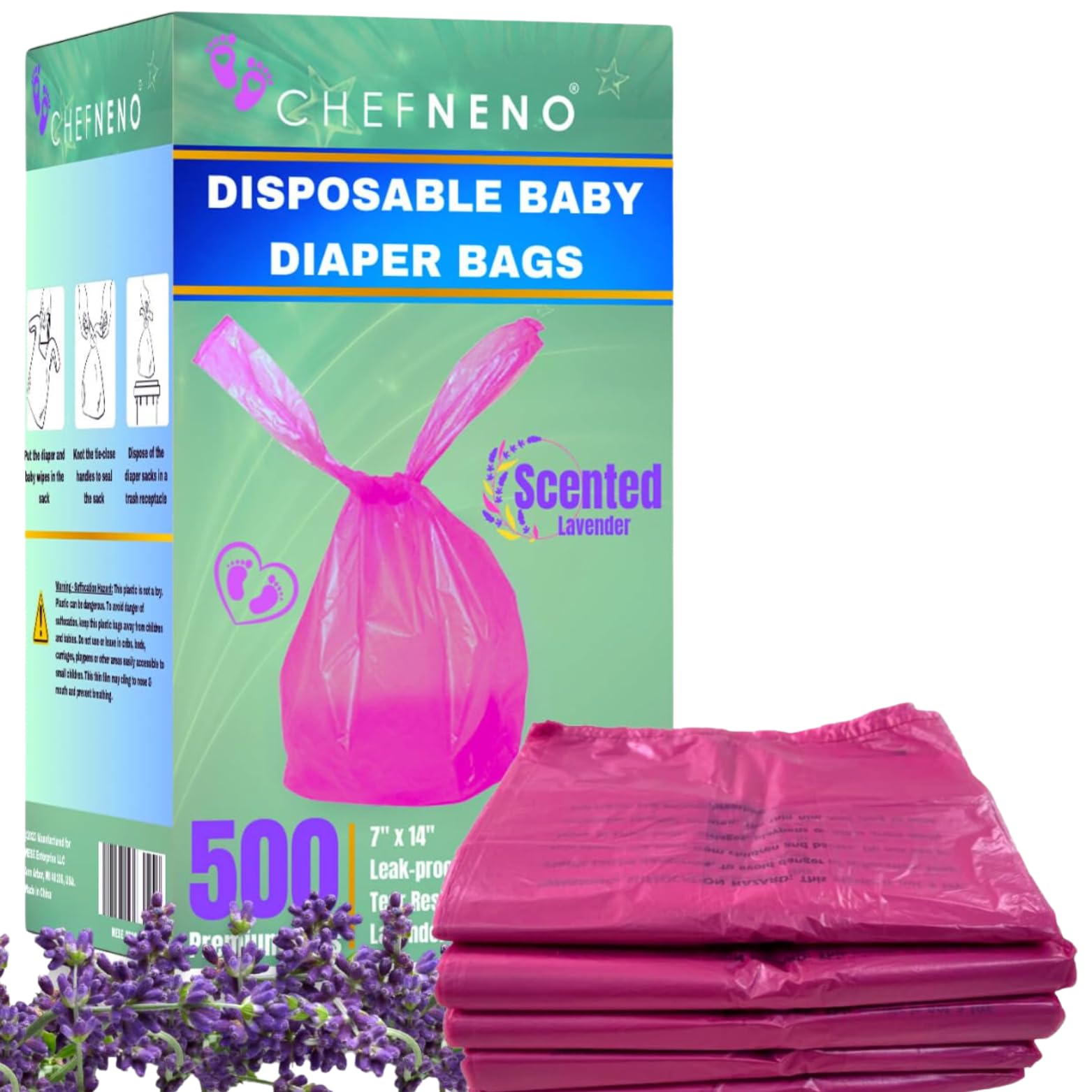CHEFNENO bolsas desechables para pañales con aroma a lavanda y cierre seguro