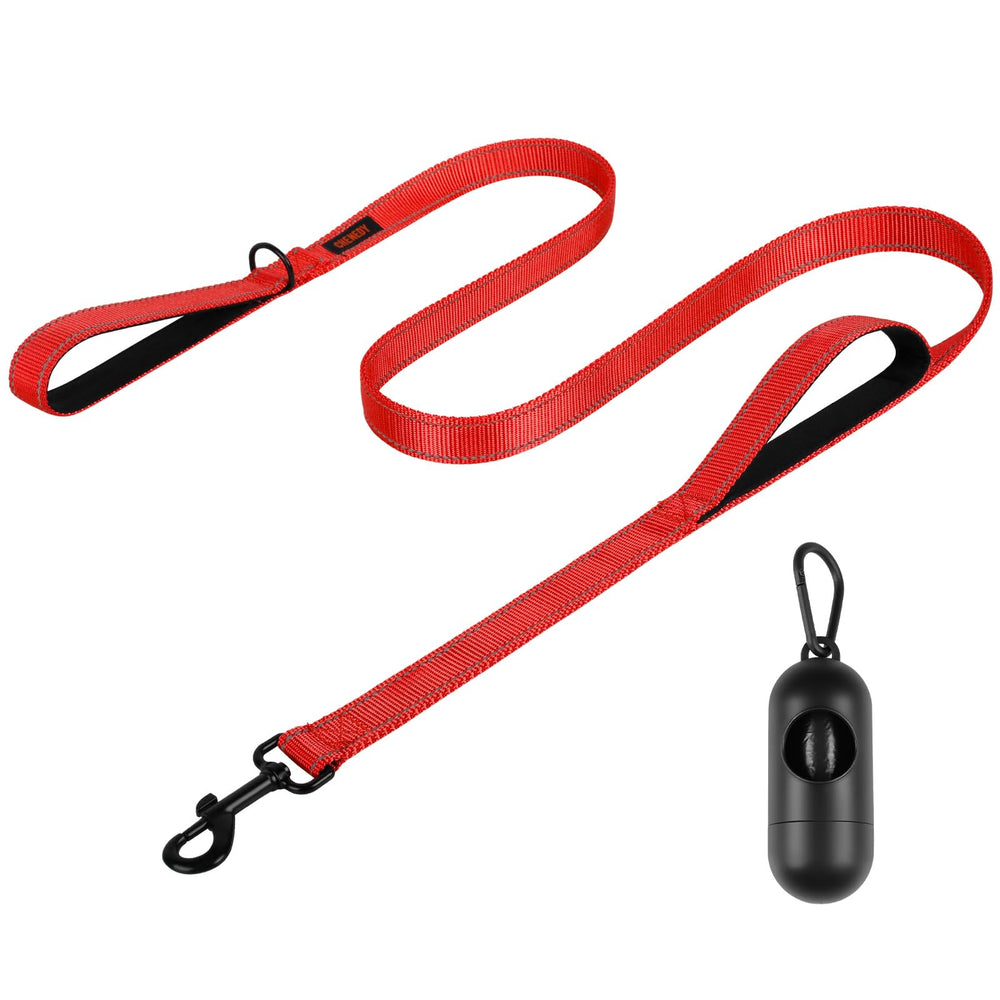 CHENEDY, correa de perro con doble asa roja para mayor control.