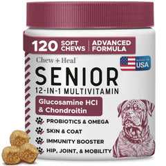 Chew + Heal Labs multivitamínico senior para perros, frasco de 120 golosinas para movilidad.