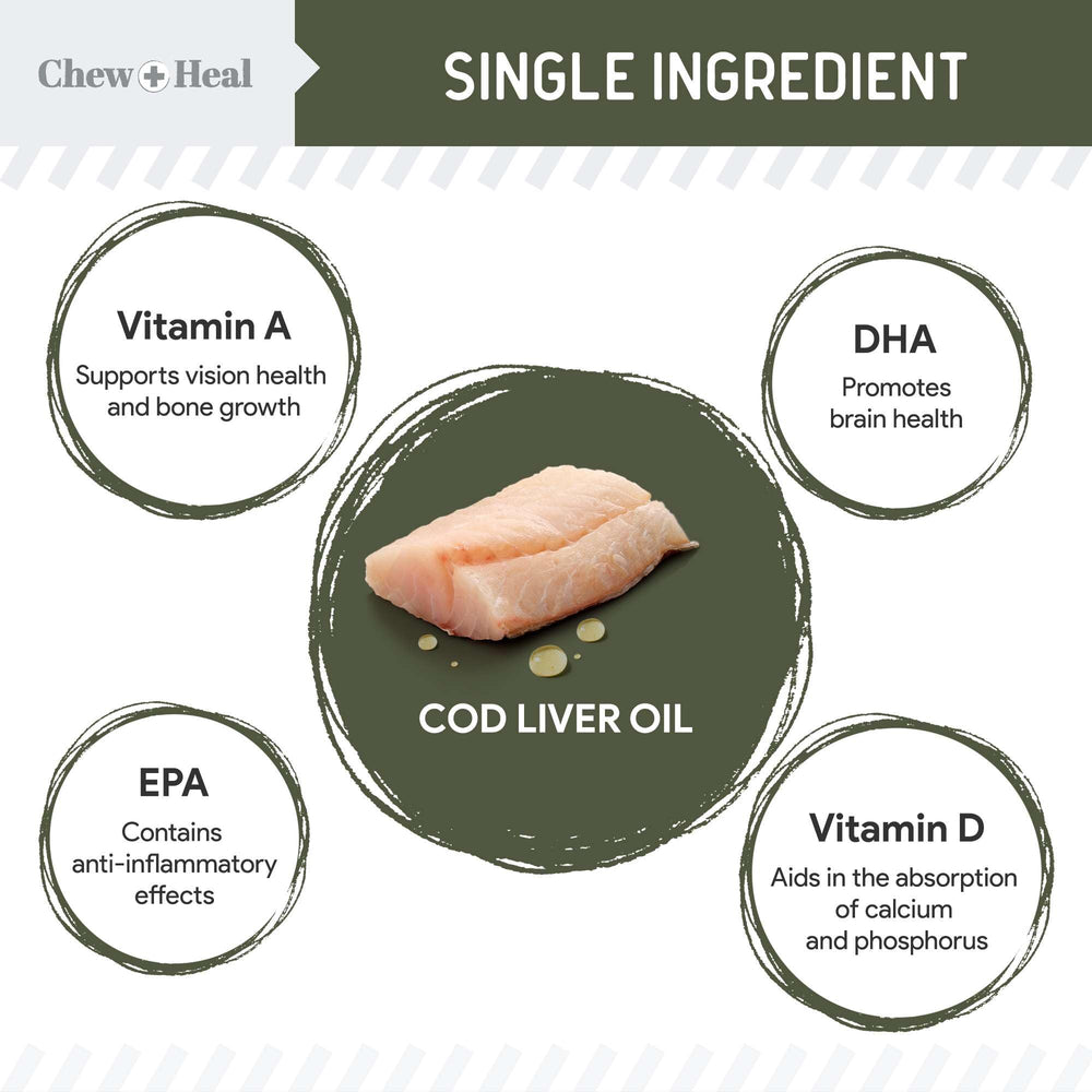Aceite de hígado de bacalao Chew + Heal Labs vertido sobre la comida.