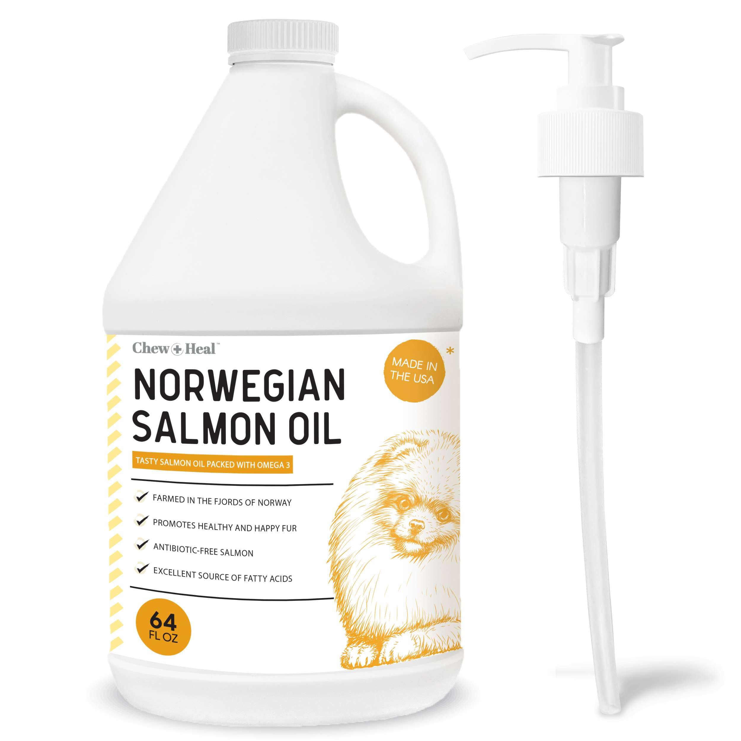 Chew + Heal Labs aceite de salmón para perro, frasco vertido, fácil de agregar a la comida