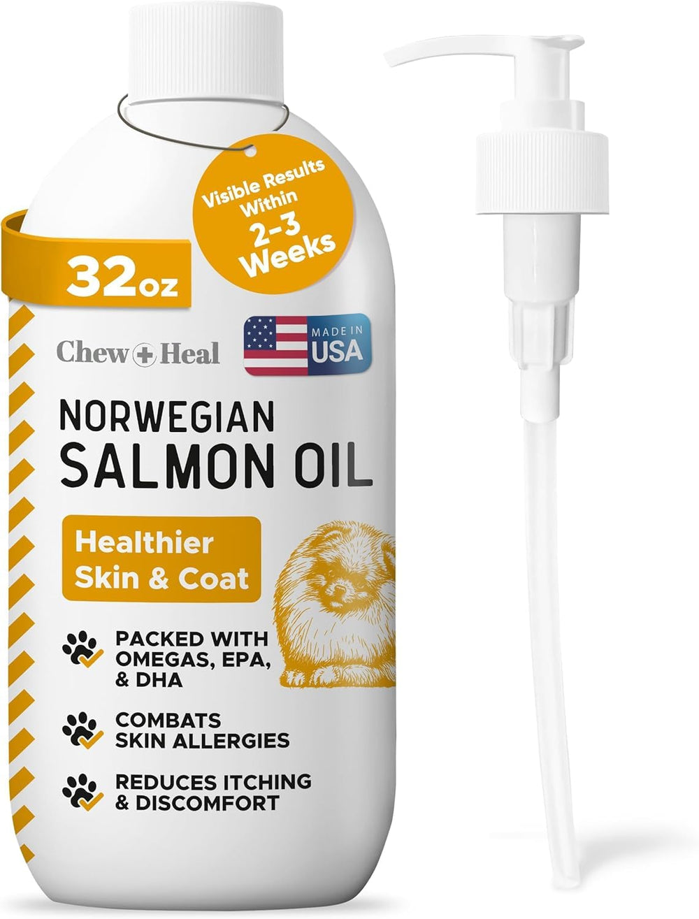 Aceite de salmón Chew + Heal Labs para perros y gatos, promueve pelaje saludable.