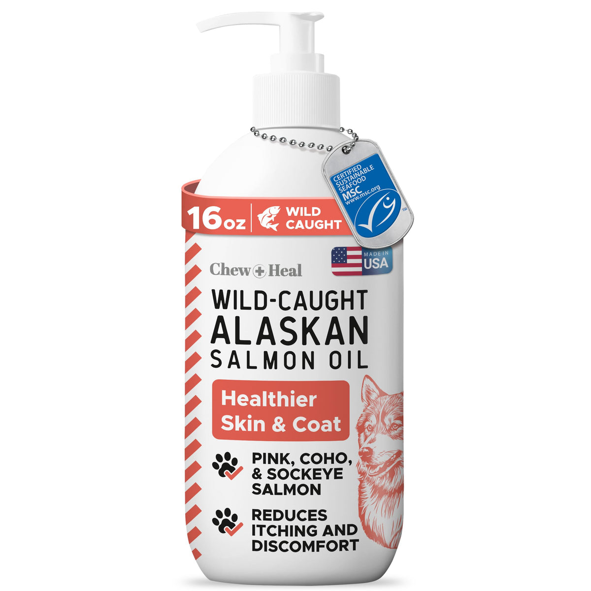 Chew + Heal Labs - dispensador en bote de aceite de salmón Alaska para medir dosis fácilmente.