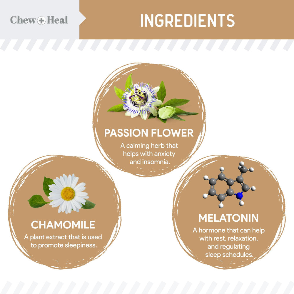 Chew + Heal Labs Calming Chews, ideal para viajes y situaciones estresantes.