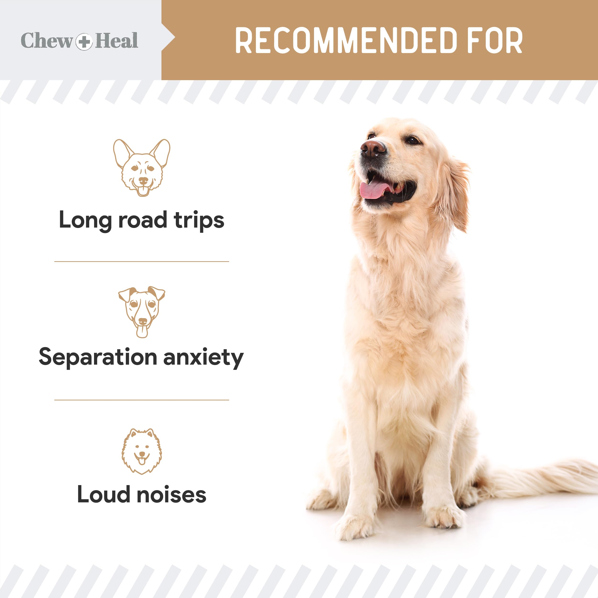 Chew + Heal Labs Calming Chews para perro, sabor mantequilla de maní, gusto atractivo.