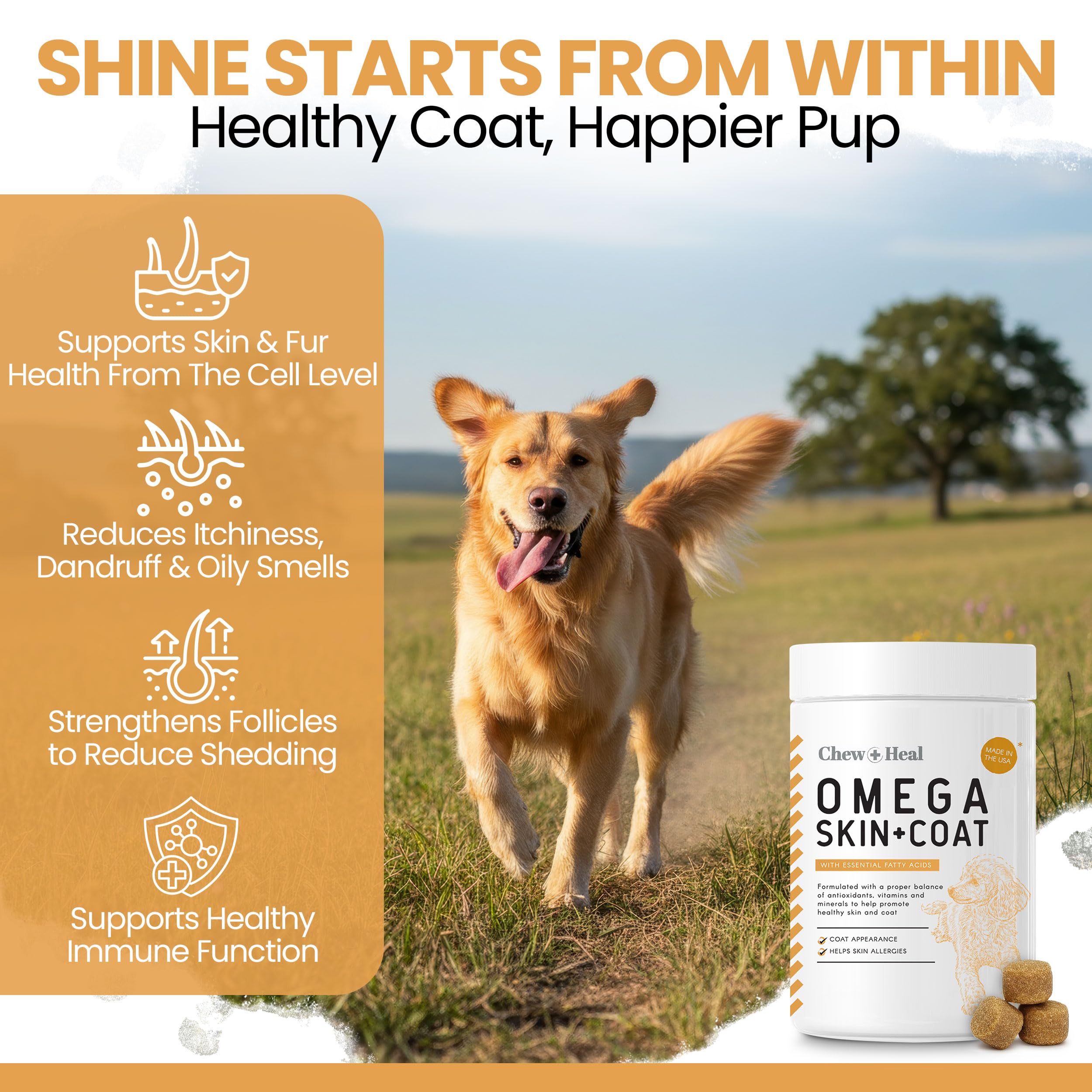 Chew Heal Labs omega, pelaje más brillante y piel nutrida para perros.