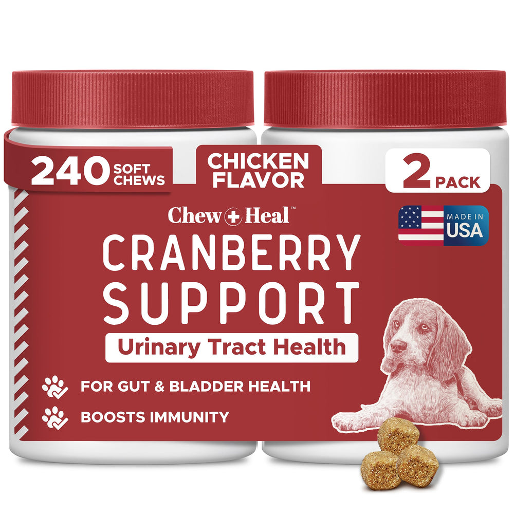 Chew + Heal Labs empaque para perro UTI, presentación práctica para uso en casa.