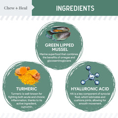 Etiqueta Chew + Heal Labs muestra la fórmula 400 mg glucosamina por pieza.