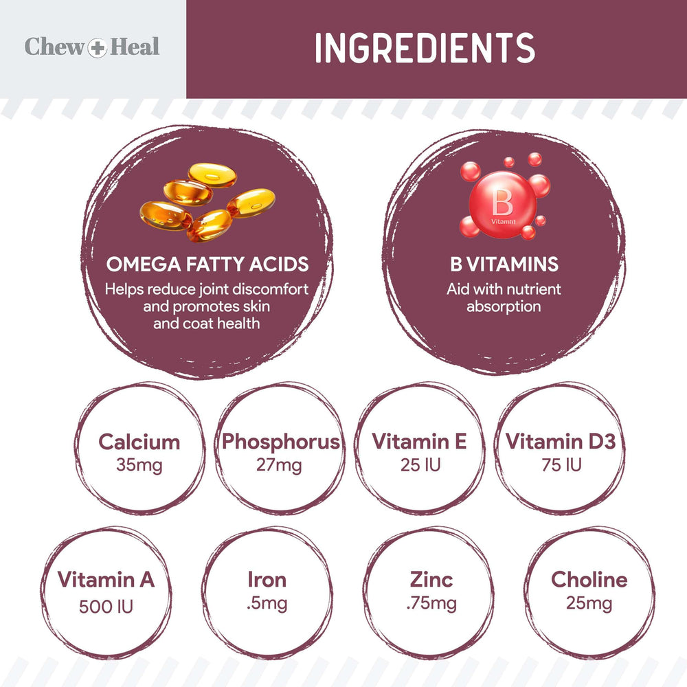 Fórmula avanzada con glucosamina y omega para perros mayores, Chew + Heal Labs.