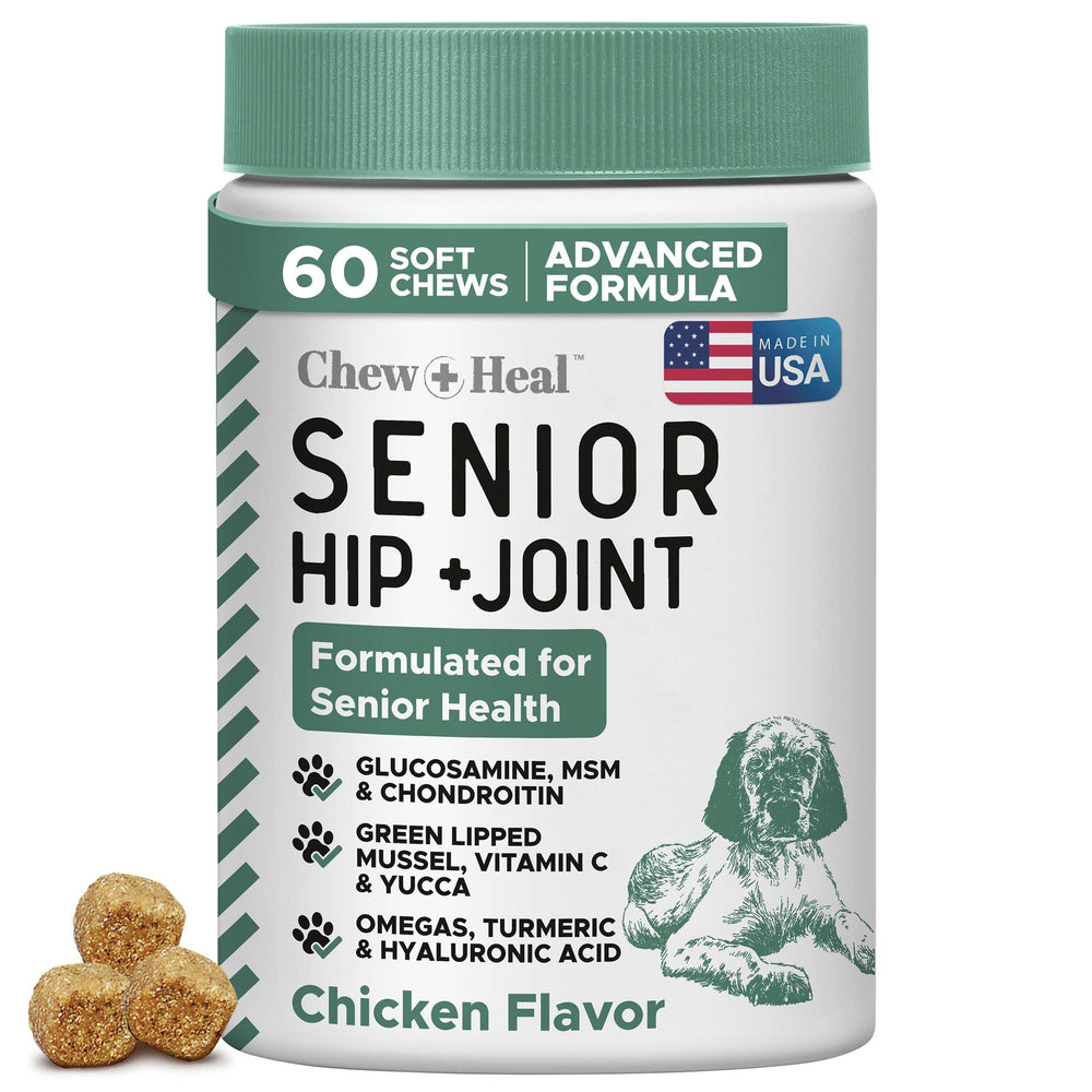 Chew + Heal Labs glucosamina para perros ancianos en frasco, apoyo a articulaciones.