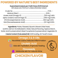 Chew Heal Labs gomitas suaves Omega para perros, sabor agradable, apoyo digestivo.
