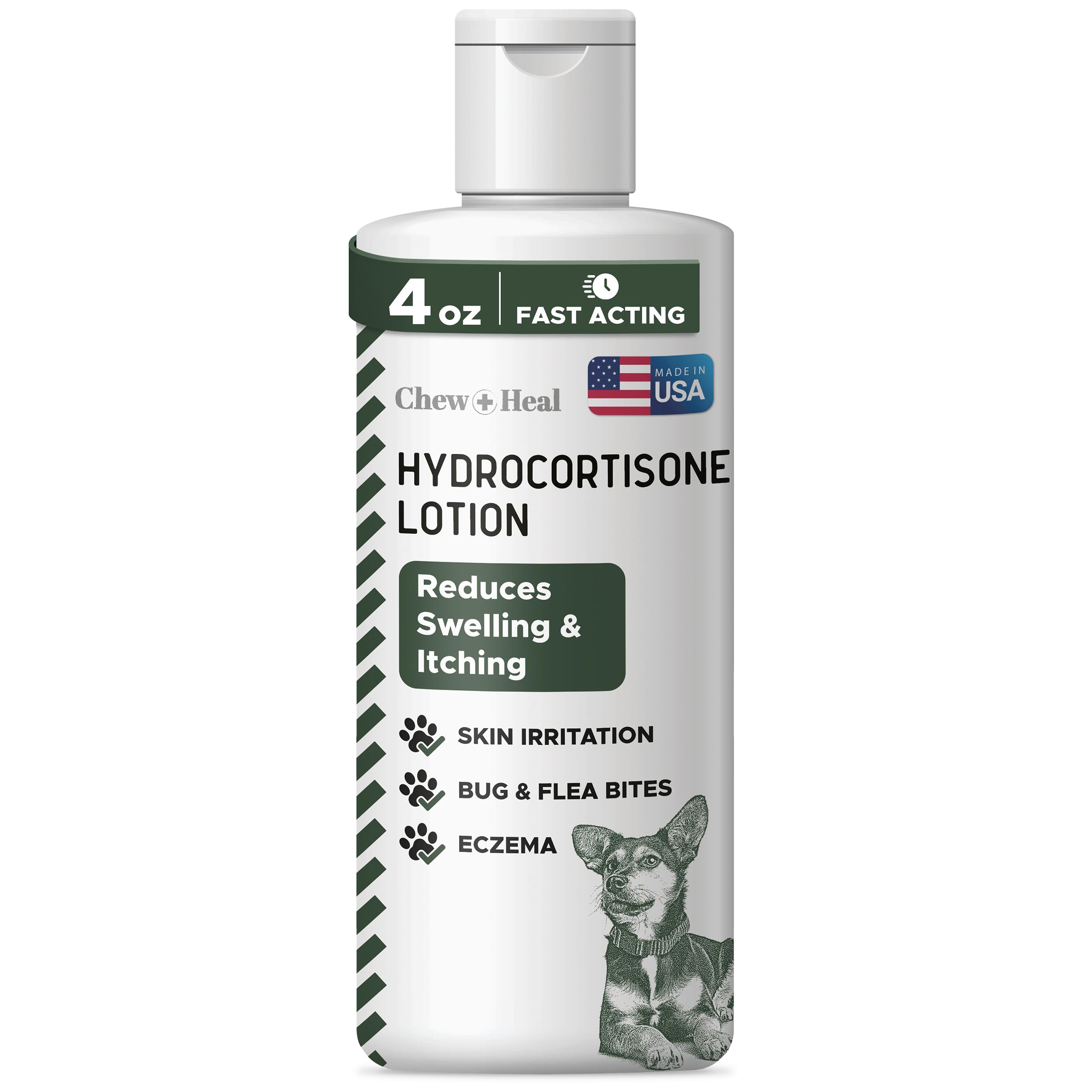 Chew + Heal Labs hidrocortisona, frasco visible para uso suave y control del picor