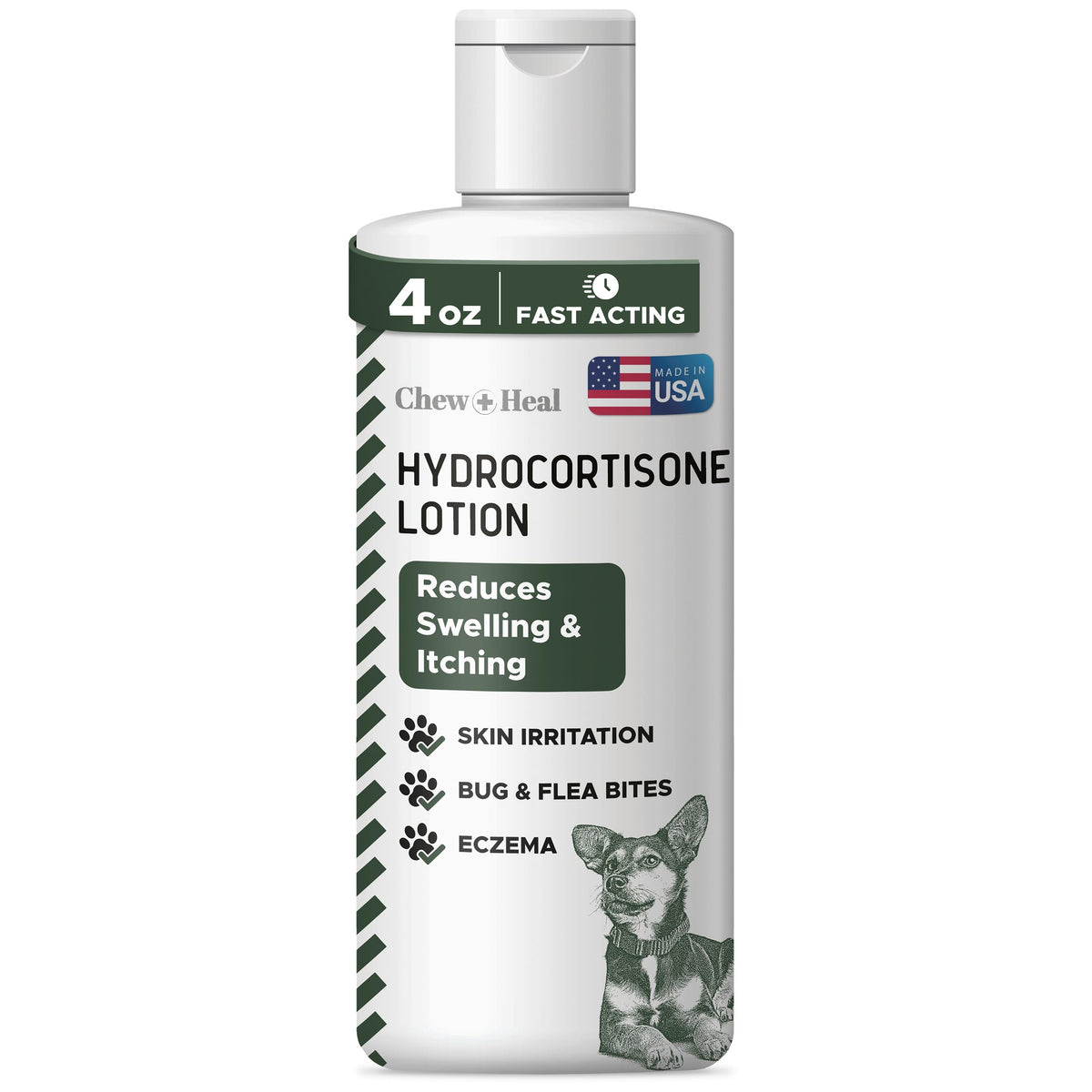 Chew + Heal Labs hidrocortisona, frasco visible para uso suave y control del picor
