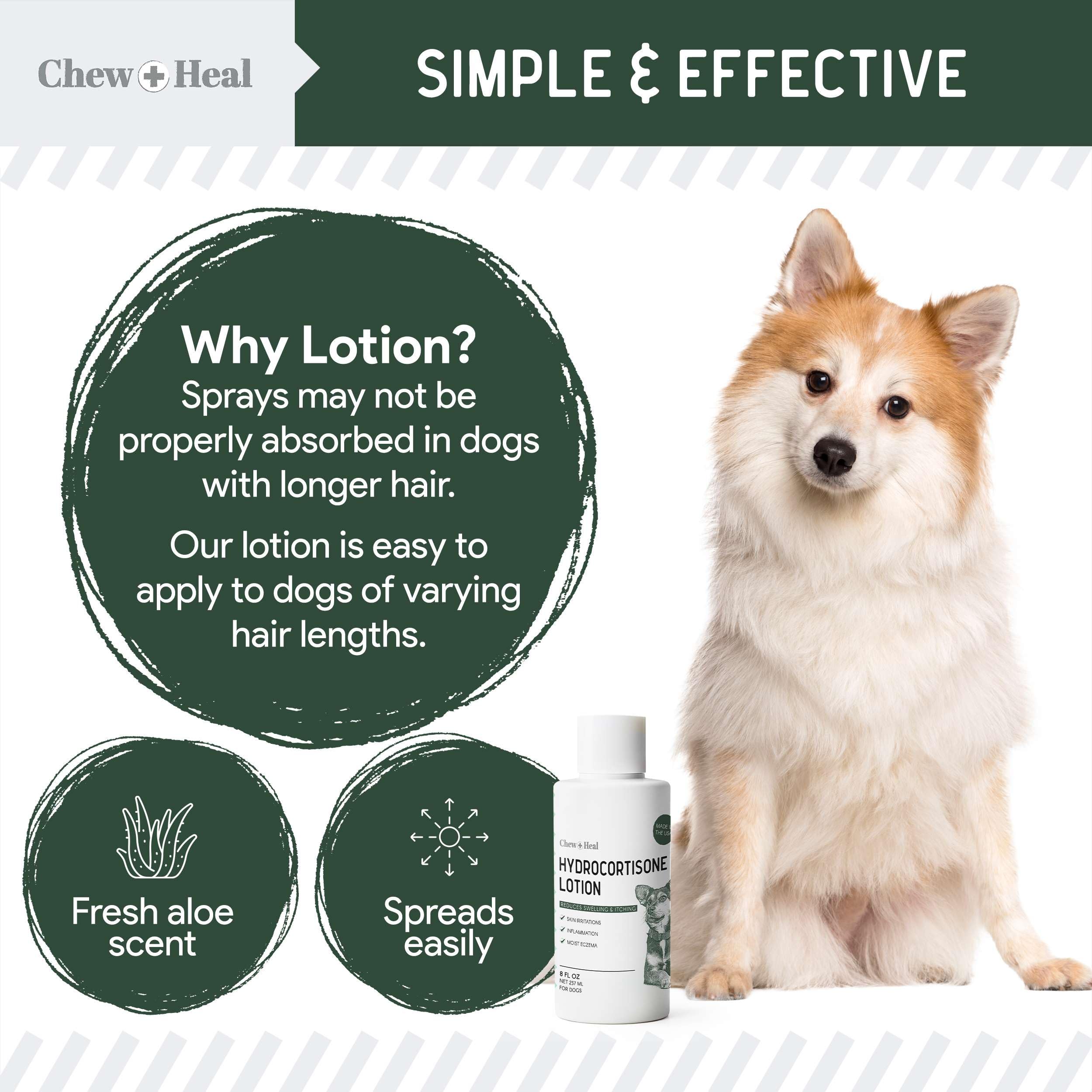 Primer plano de la botella Chew + Heal Labs y su uso en picaduras del perro.