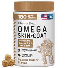 Chew + Heal Labs Omega para perros envase con 180 premios suaves sabor salmón.