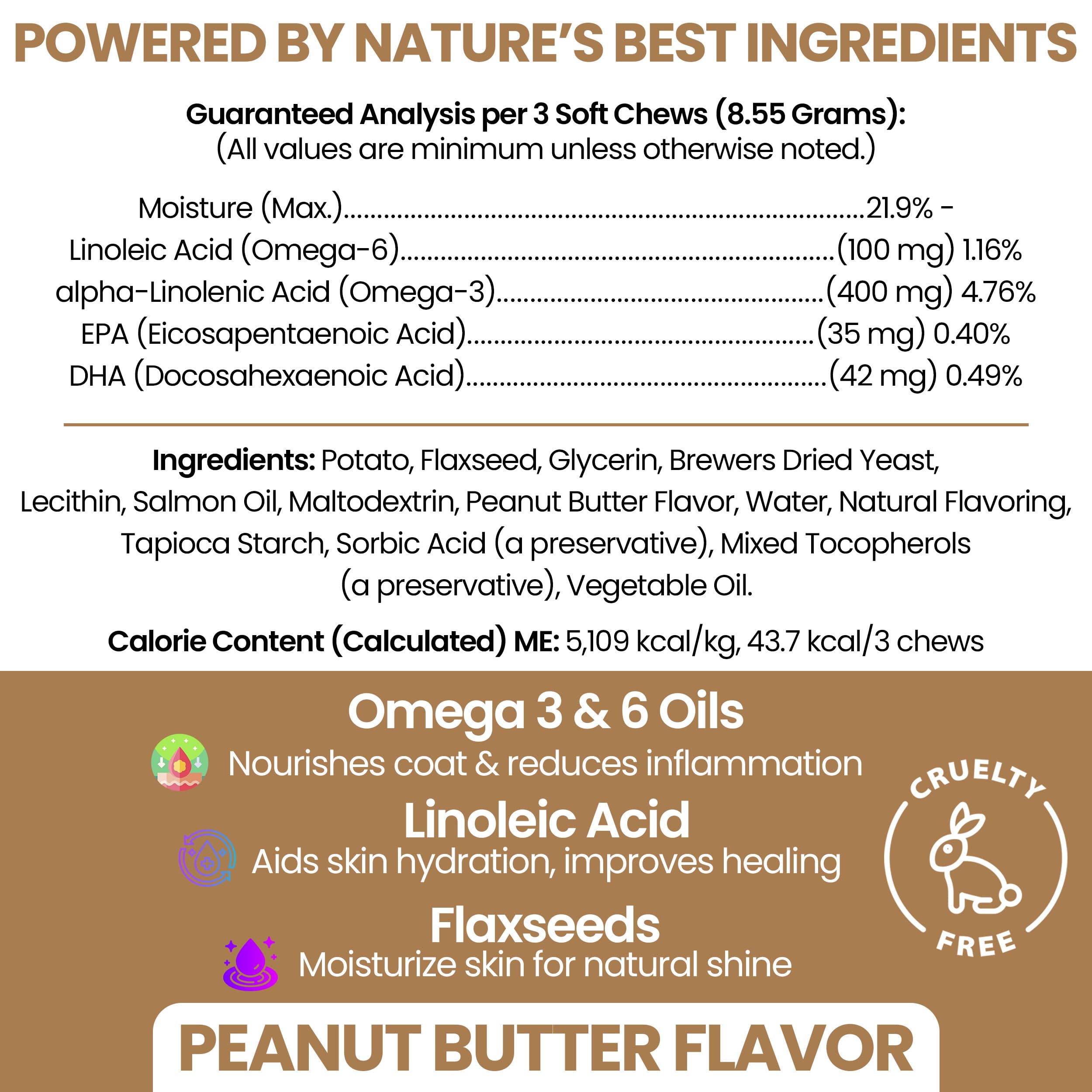 Premios suaves Omega para perros, sabor mantequilla de cacahuete Chew + Heal Labs.