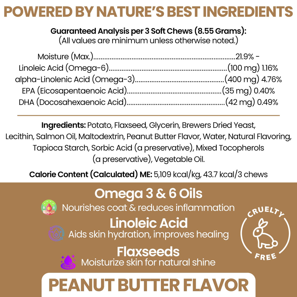 Premios suaves Omega para perros, sabor mantequilla de cacahuete Chew + Heal Labs.