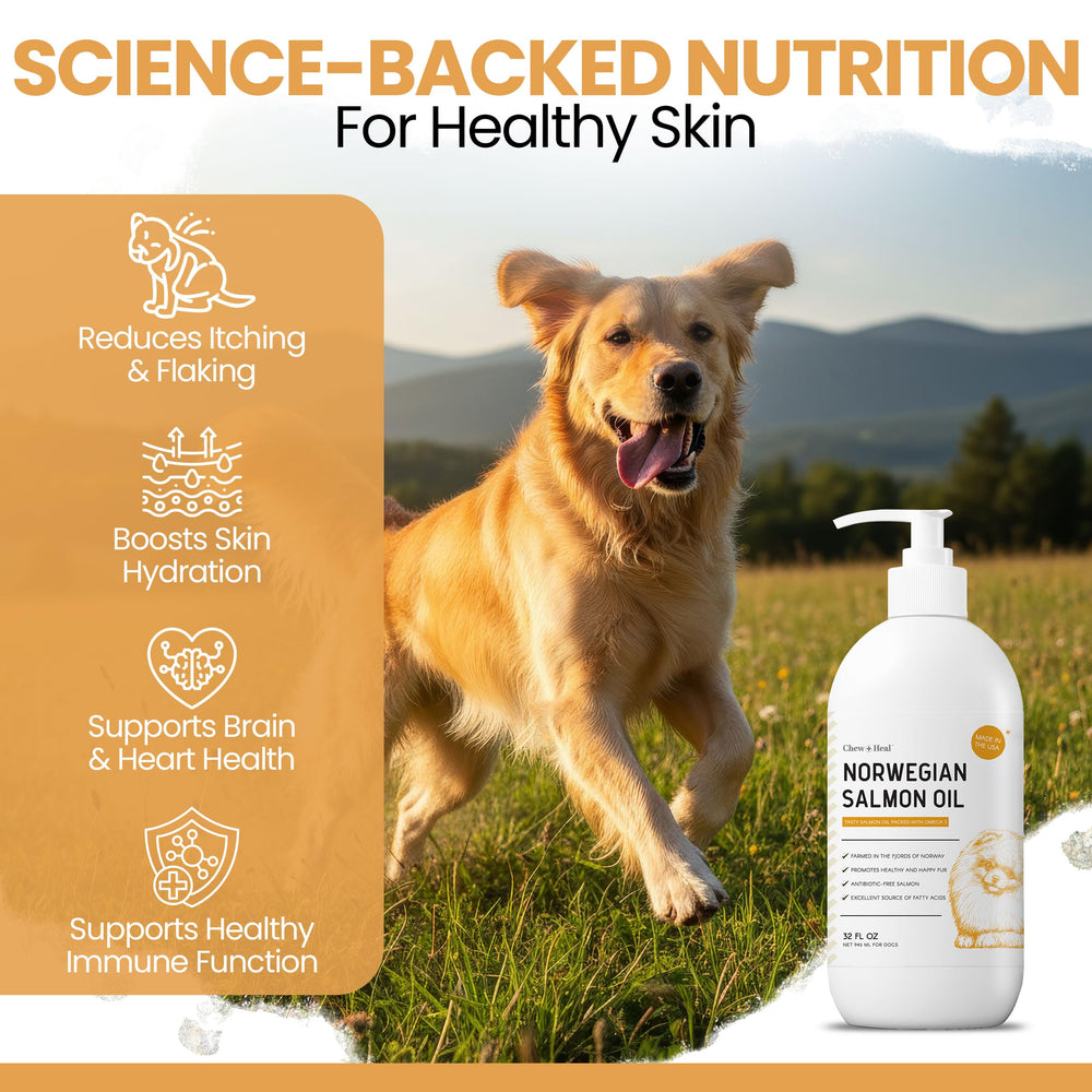 Chew + Heal Labs aceite de salmón para perros y gatos, pelaje brillante.