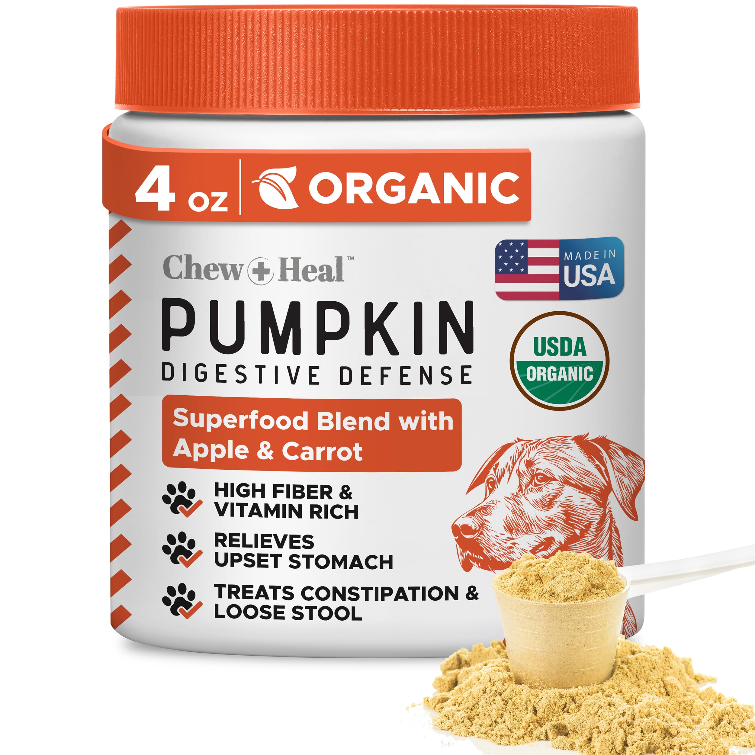 Chew + Heal Labs polvo orgánico de calabaza en bote para digestión suave.