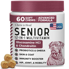 Chew + Heal Labs frasco de 60 bocados para perros senior, apoyo a movilidad.