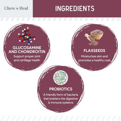 Chew + Heal Labs bocados con glucosamina para articulaciones y movilidad.